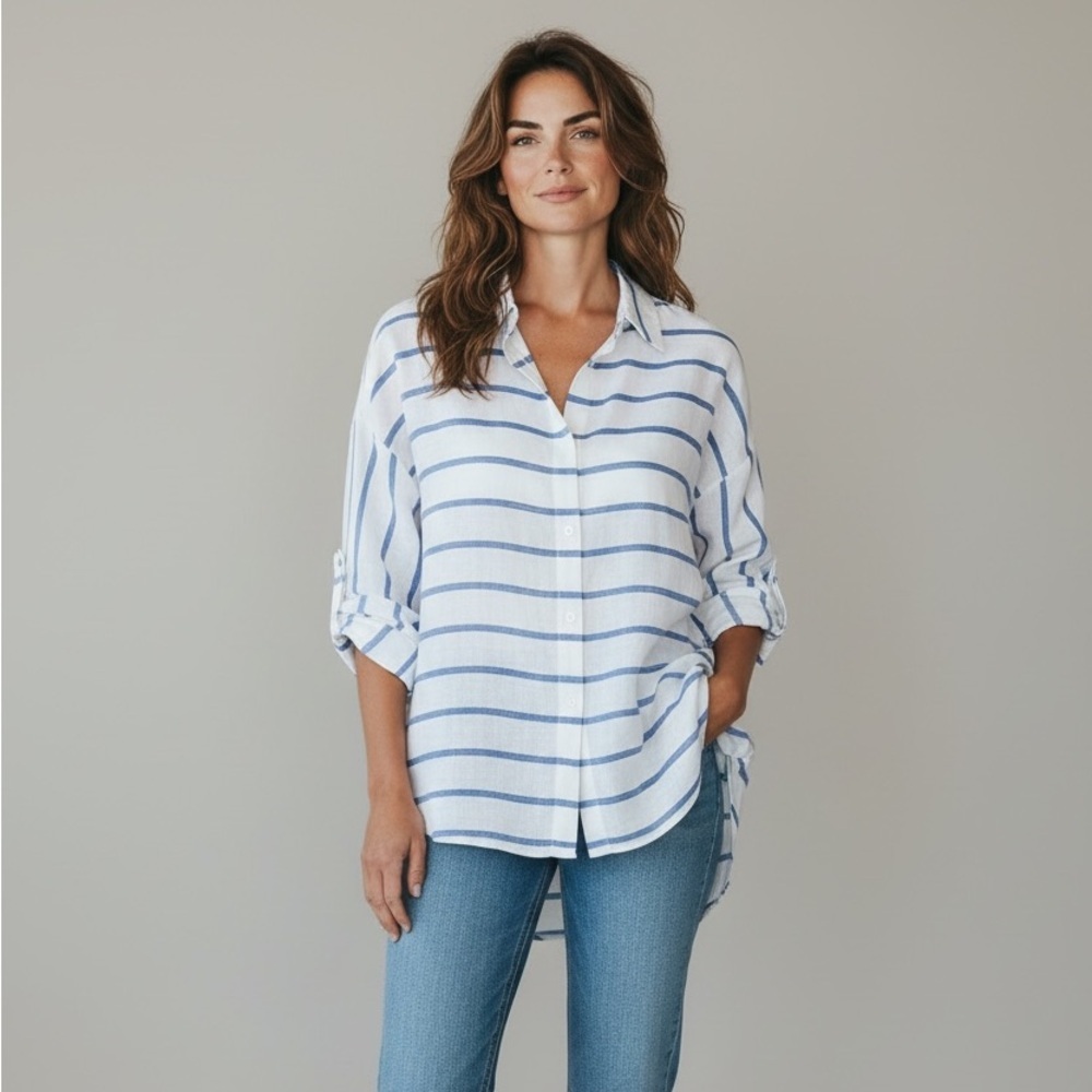 2/$30 Chico's Blue and White Nautical Striped Top Button Down Roll Tab Sleeves